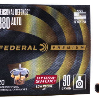 Federal PD380HS1H Premium Personal Defense Low Recoil 380ACP 90gr Hydra-Shok Jacketed Hollow Point 20 Per Box/10 Case
