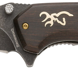 Browning 3220392 Hunter  Large 3.50" Folding Drop Point Plain Black Oxide Stonewashed 440C SS Blade/Brown Jigged Hardwood Walnut Handle Includes Pocket Clip