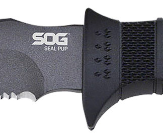 S.O.G SOGM37K Seal Pup  4.75" Fixed Clip Point Part Serrated Powder Coated AUS-8A SS Blade Black w/Raised Diamond Pattern GRN Handle Includes Sheath